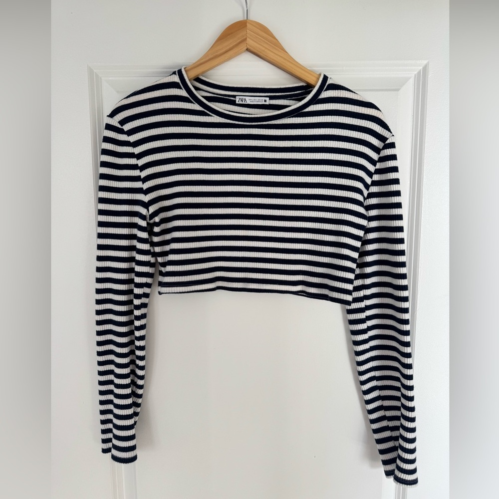 Zara Navy and White Striped Crop Top